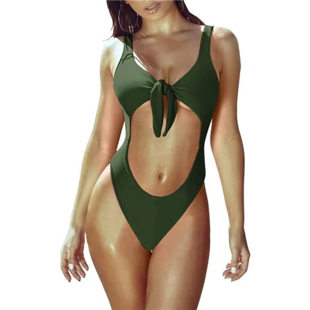 Womens One Piece Bathing Suit V Neck Tie Knot Cut Out Backless Swimwear - Picture 3 of 5